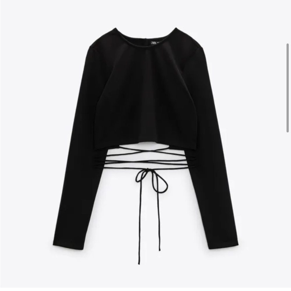 Black Open-Back Long Sleeve Crop Top with Tie Detail - Picture 3 of 11